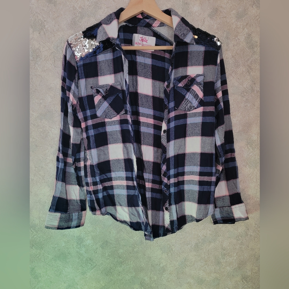 Justice Girls Plaid Flannel Shirt with Sequin Accents